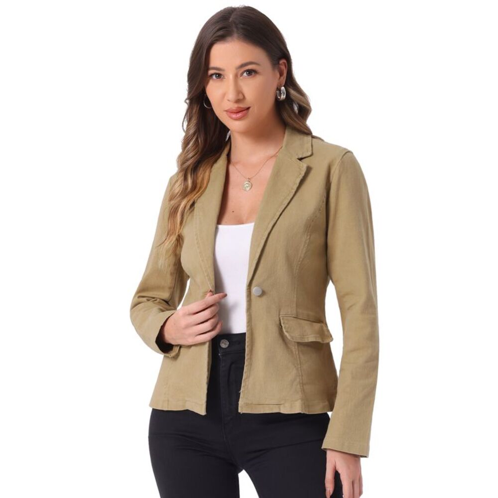 Notched Lapel Button Up Long Sleeve Washed Denim Blazer Khaki